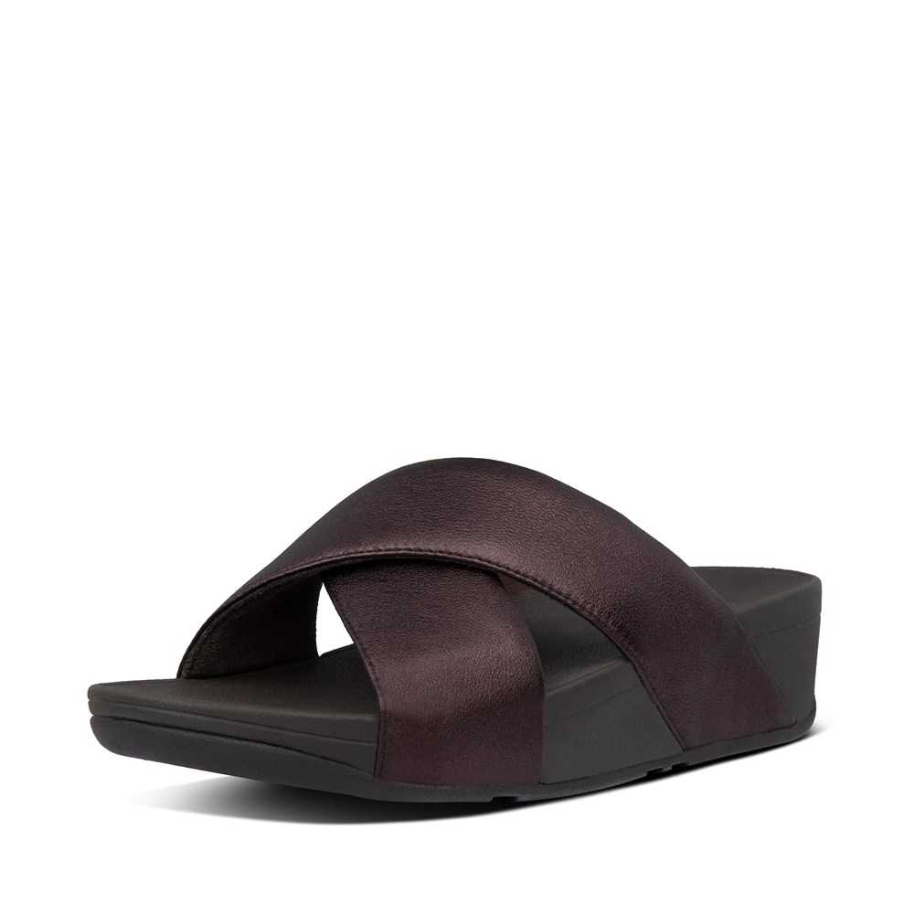 Fitflop Womens Slides Dark Brown - Lulu Metallic Leather Cross - ZU3946712